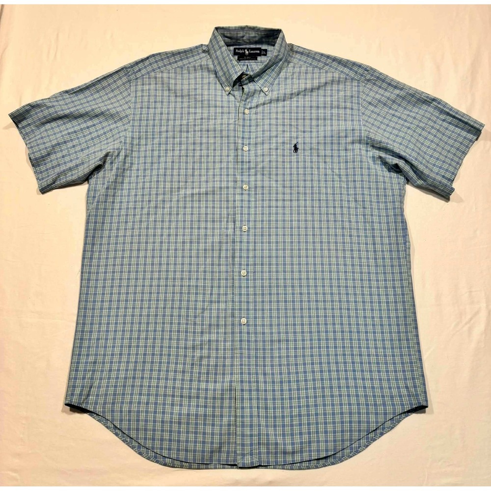 Ralph Lauren Mens Blake Shirt Large Blue Green Plaid Short Sleeve 100% Cotton
